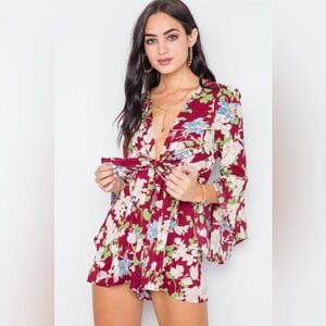 Milk & Honey Wine Floral Plunging Tie-Front Bell Sleeve Romper Size Small